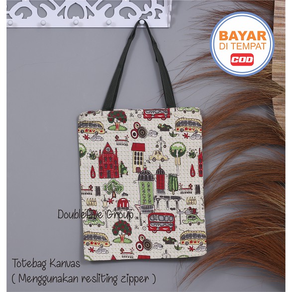 TOTE BAG WANITA TOTEBAG PRIA CANVAS MOTIF GOOD QUALITY WITH RESLETING KODE - 015