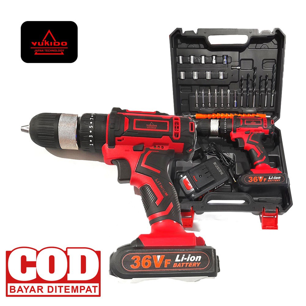 YUKIDO SET Bor Obeng Bor Bolak Balik 36 V Charger Cordless Drill Charging bor baterai 13 mm dan 12 v