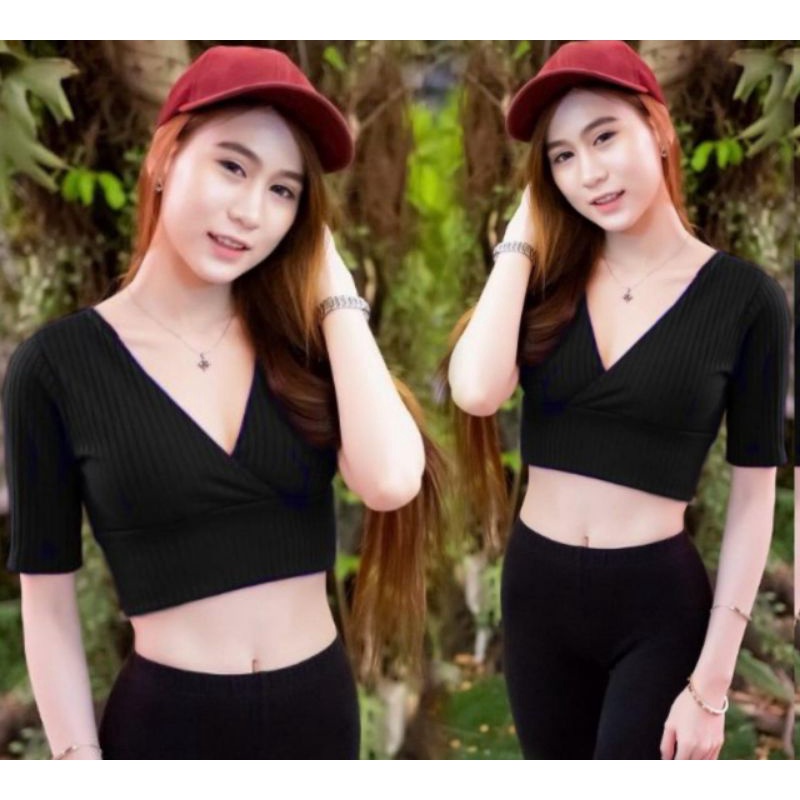 MDLV ~ Crop Oky Rajut Crop Top Rajut Lengan Pendek Fashion wanita