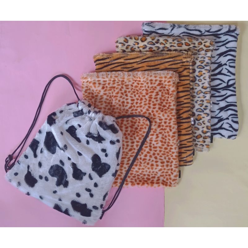 Stringbag Bulu Animal Print , Ransel Serut Bulu sapi , leopard