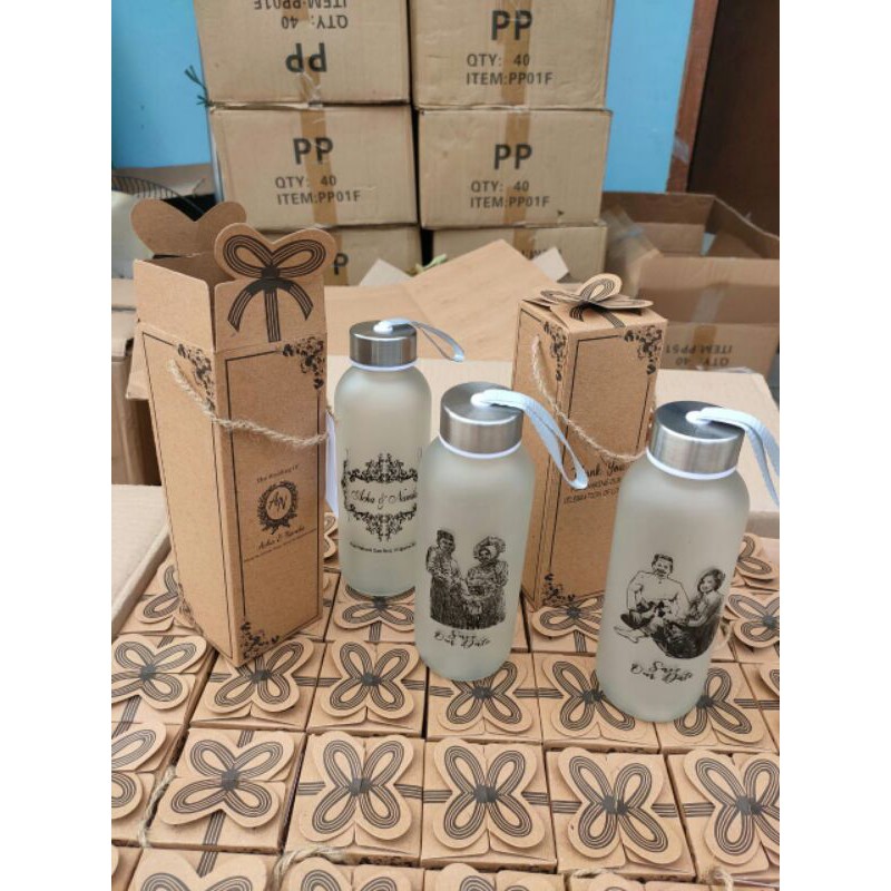 souvenir botol minum kaca sablon tumbler sablon custom logo gambar nama plus kemas box rustic