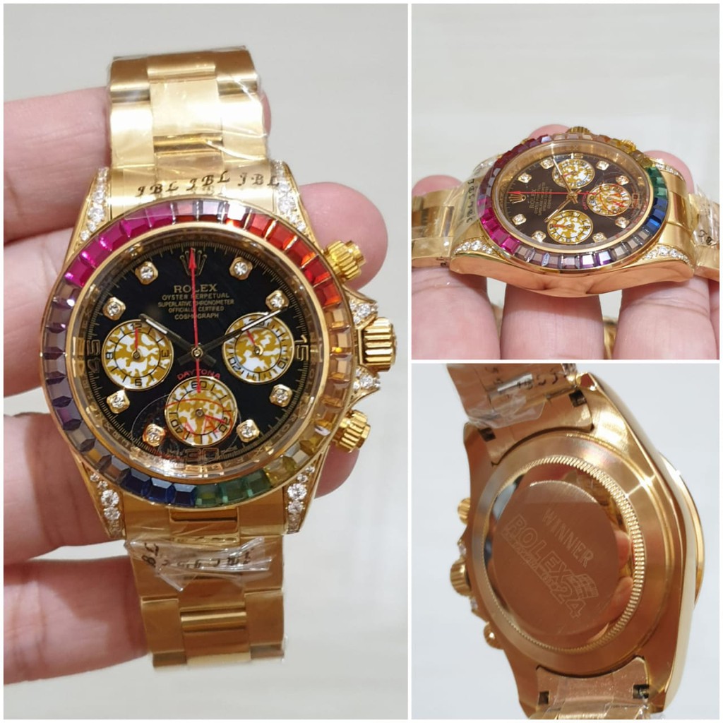 Bayar Di Tempat Rolex Special Daytona Rainbow Diamond Rosegold Garansi 1th Kaca Anti Gores - Automat