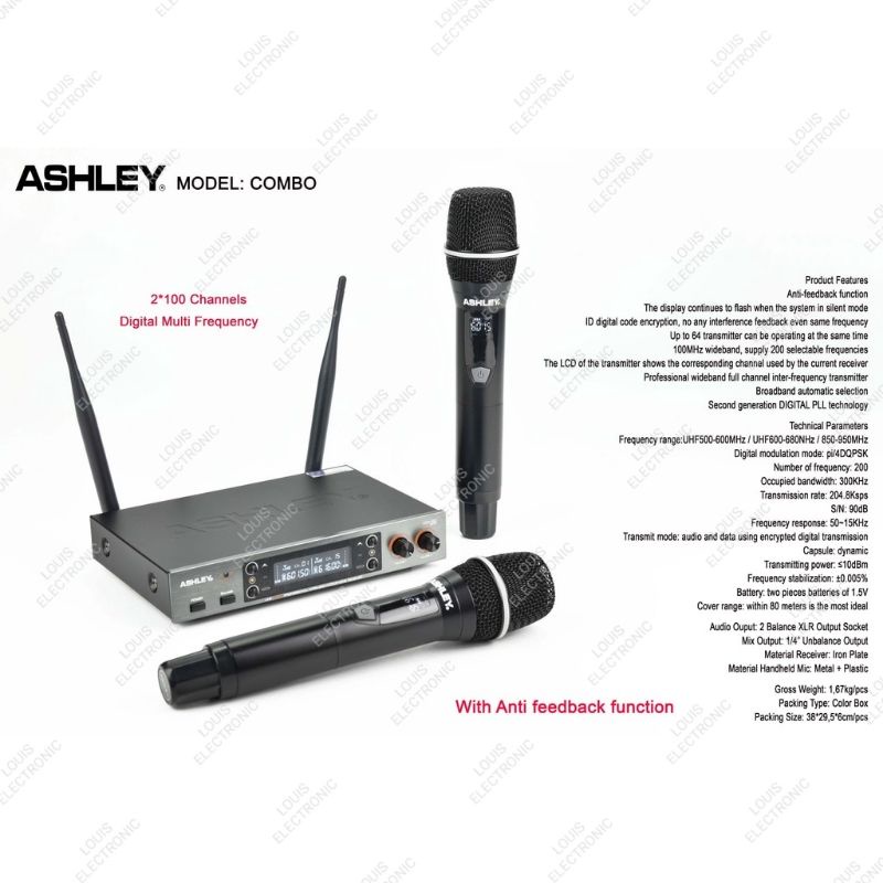 Mic Microphone Wireless ASHLEY COMBO 2 Mic Handheld Mikrofon Ashley ORIGINAL