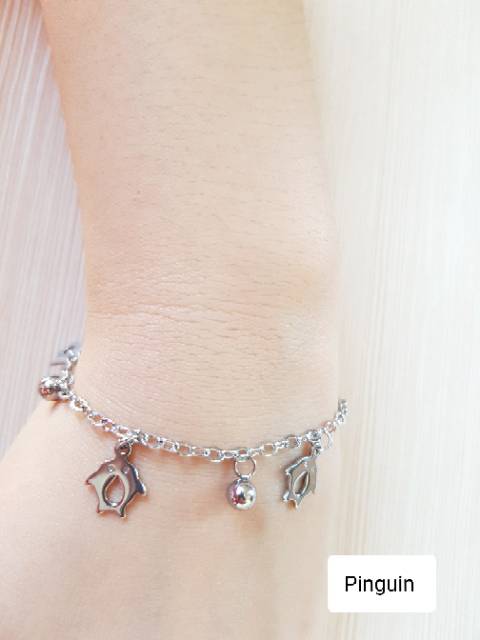 SET Gelang Tangan Kaki Titanium Silver Dolphin Ikan &amp; penguin Antikarat Selamanya