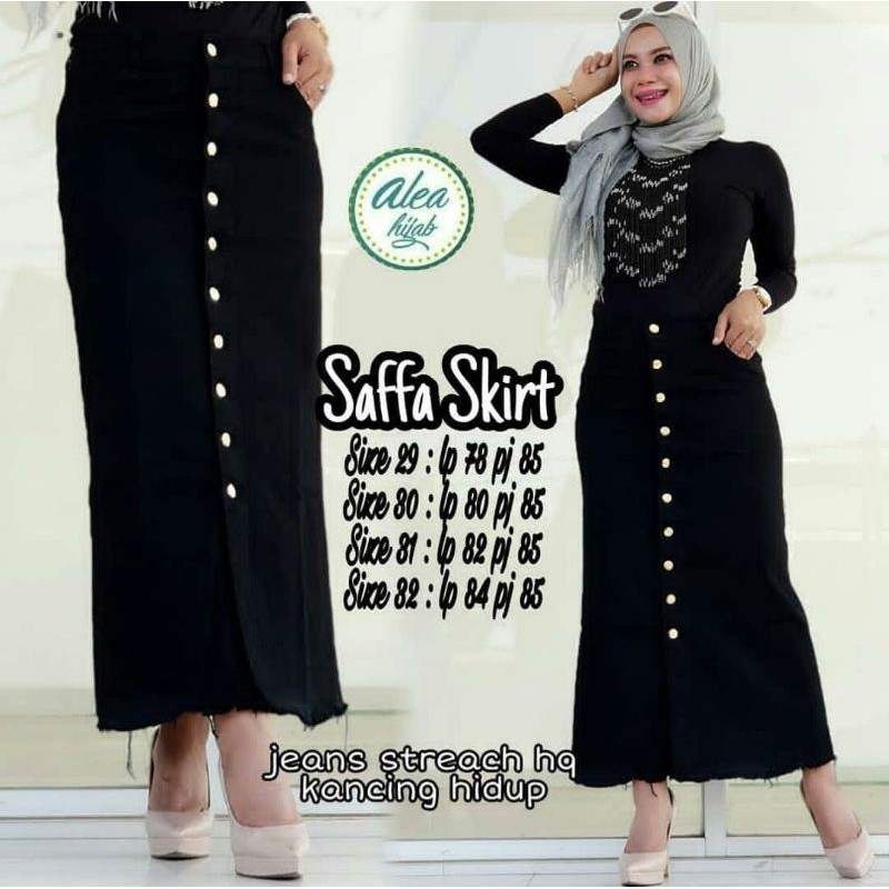 Rok panjang Gisca kancing depan // Rok Jeans Wanita kancing depan-Hitam