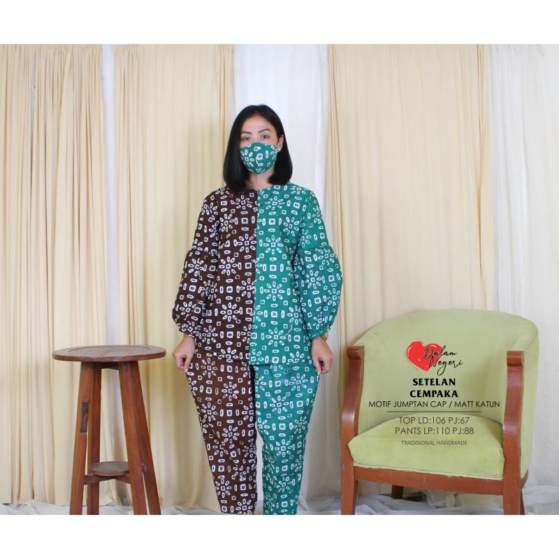 Setelan cempaka motif jumputan cap setelan batik wanita blouse dan celana panjang