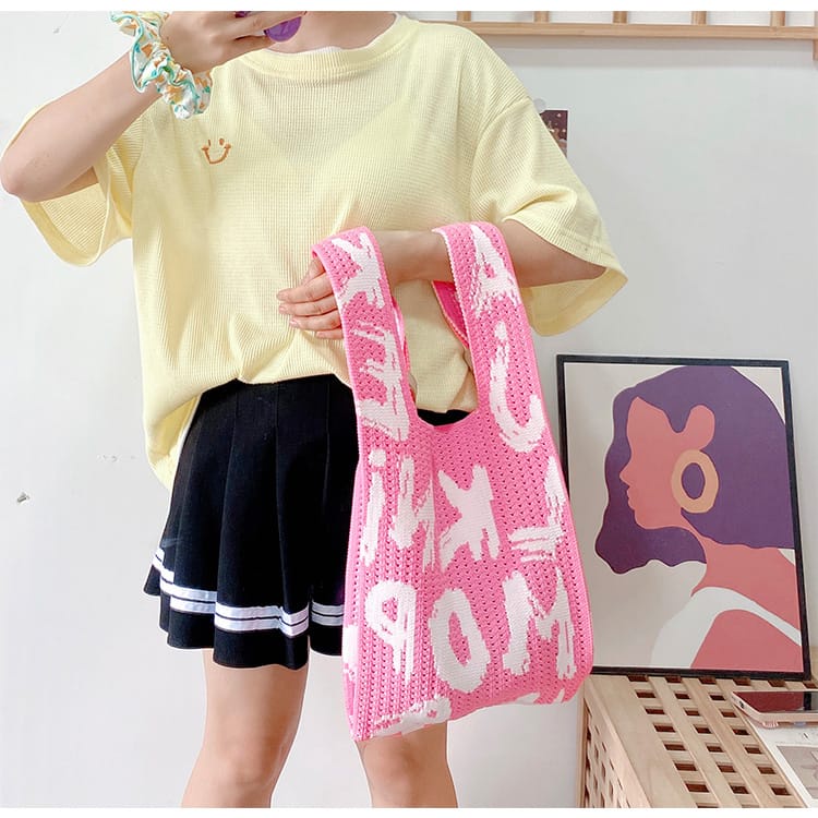 Gobra ♕ TW012 Tas Bene Korean Knitted Checkered Tote Bag Tas Rajut Motif Huruf  Abjad Totebag Buffollow Viral Bangkok Import