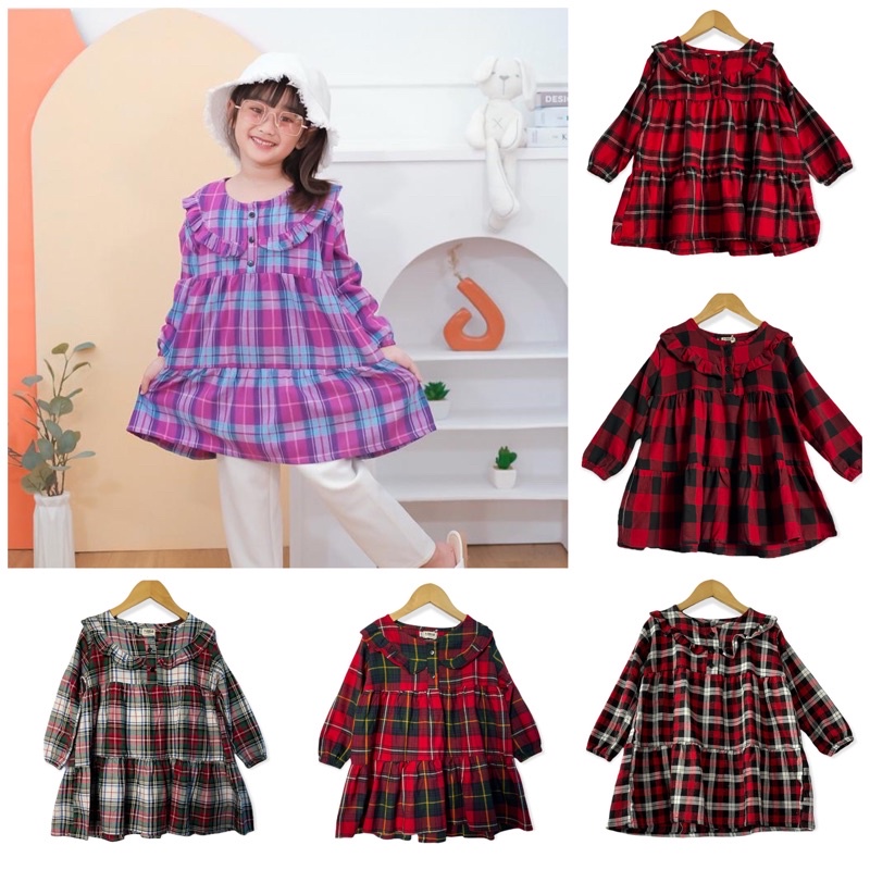 TUNIK / DRESS ANAK PEREMPUAN 2-10 TAHUN BAHAN FLANEL IMPORT MOTIF KOTAK-KOTAK || TUNIK ZARA