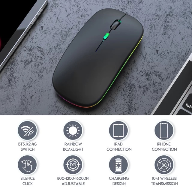 Mouse wireless 02.4G Silent Wireless Mouse Rechargeable 1200 DPI RGB LED Backlit Isi Ulang Mouse silent lampu RGB efek Mos mous wireles mos werles