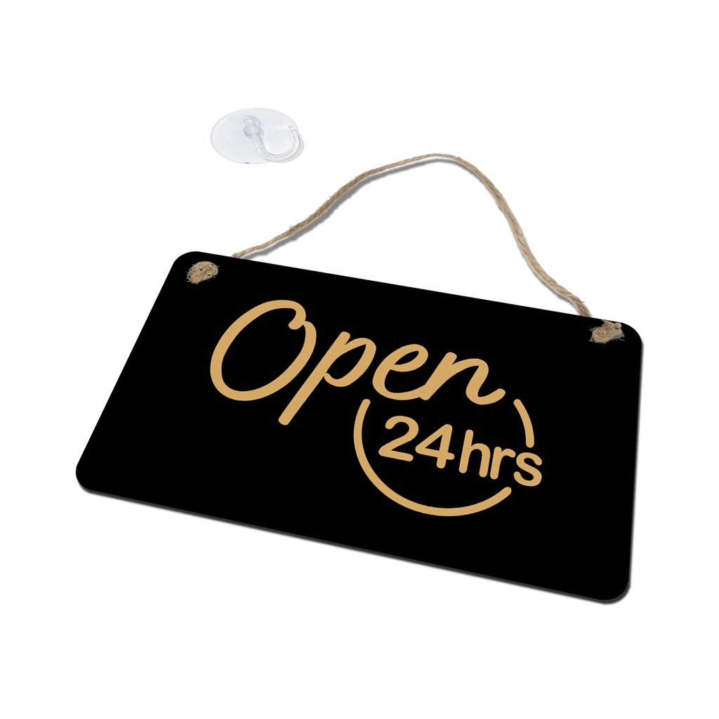 SIGN AKRILIK - GANTUNGAN OPEN 24 HOURS GOLD DENGAN TALI + KOP KACA