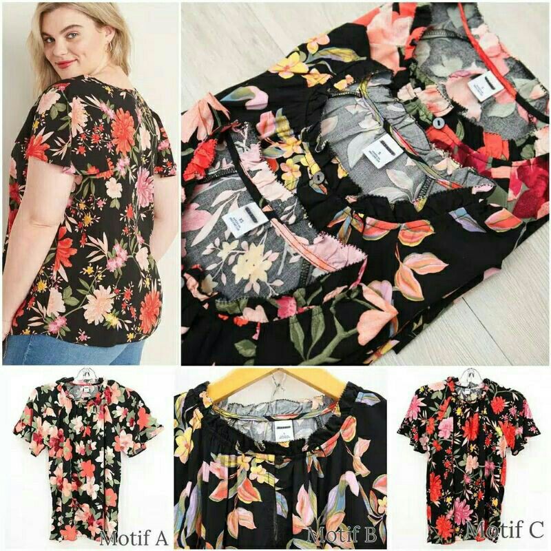 Old Navy V-Neck Cotton Blouse -Atasan Wanita Motif Floral  Lengan Pendek Original Branded