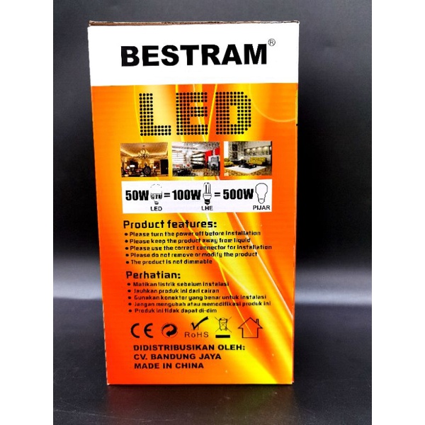 Lampu Led 50w Bestram Supermax, warna cahaya putih 6500K, garansi 1tahun