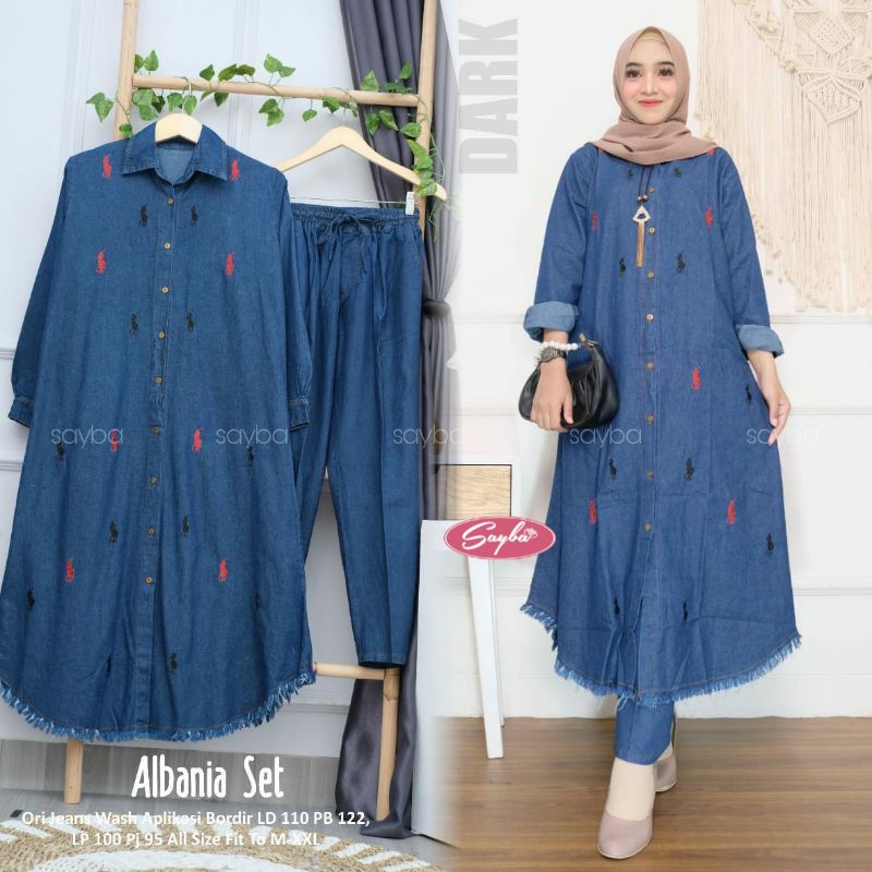albania set / setelan tunik jeans wash / one set jeans
