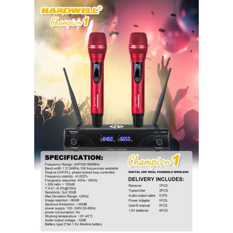 Microphone wireless Hardwell champion 1mic wireless UHF.vocal jernih cocok buat karaoke.pidato.imam all.