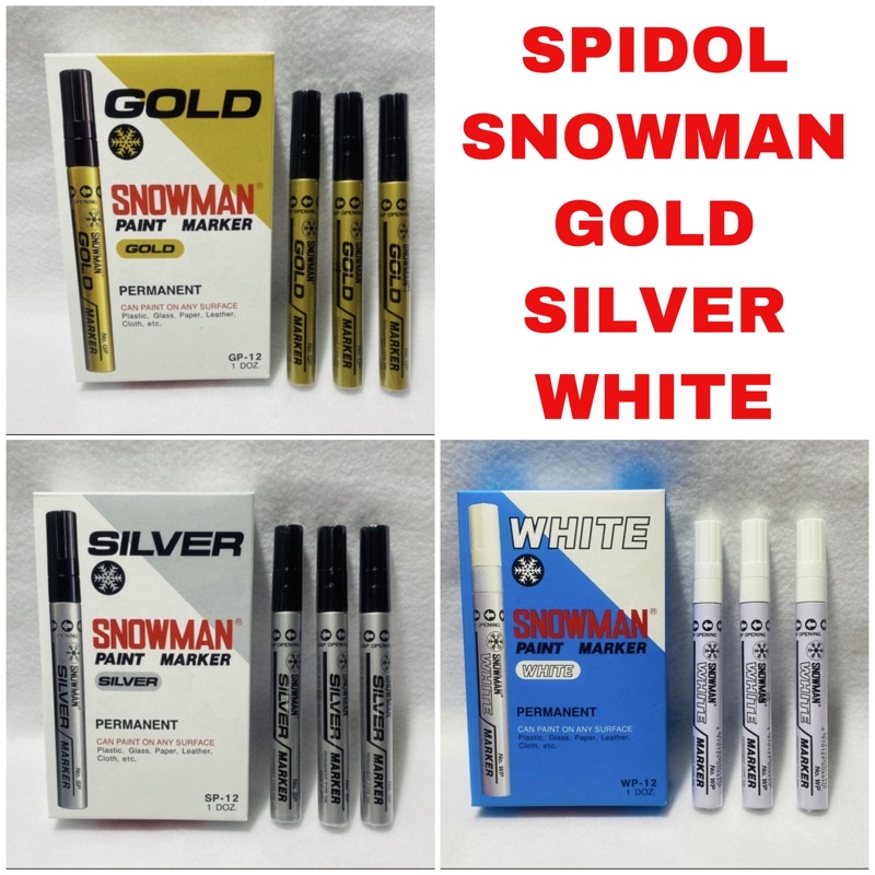 

SPIDOL SNOWMAN PERMANENT MARKER PAINT ( GOLD , SILVER , WHITE ) / 1 BOX ISI 12 PCS