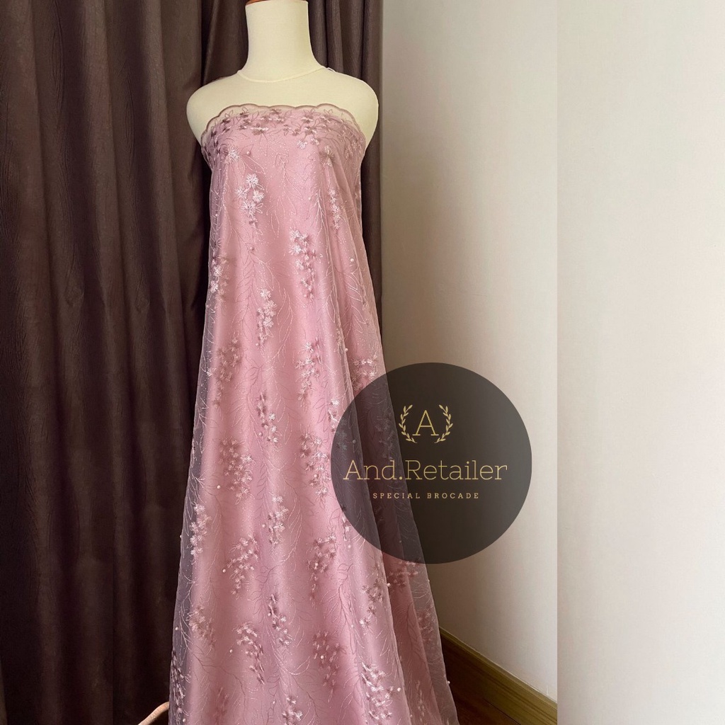 Kain Bahan Kebaya Brokat Tile Mutiara Charlotte warna hijau Rose Gold Semi Lavender