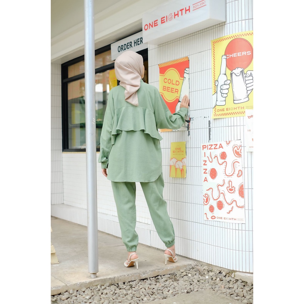 LORA Set ( top + jogger pants ) Daily One Set Loungewear Bahan Katun Linen Premium Hijab Pakaian Wan