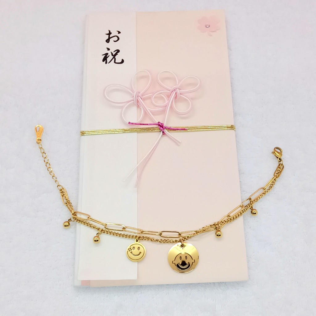 Gelang Titanium Aksen Wajah Baby Double Layer Rose Gold dan Gold 18K