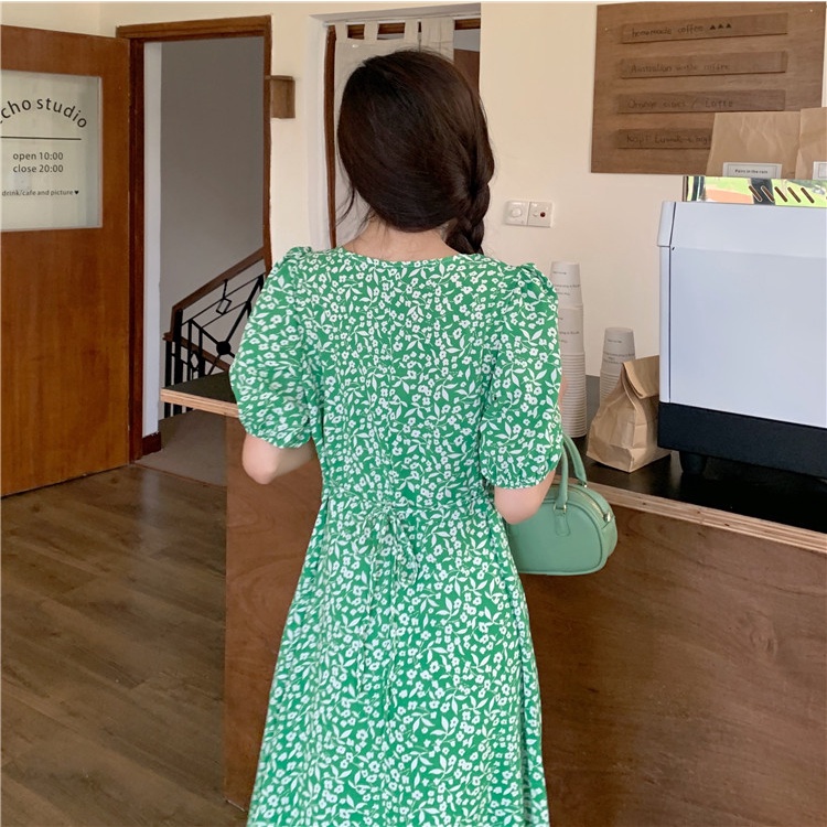 pakaian wanita korea COD 2022 New Fashion Korean Style daster kerut dada Black Blue Green Floral Short Sleeve Drawstring V Neck Midi dress wanita 2023 korea biru for Women Summer A-Line Casual tunik Dresses