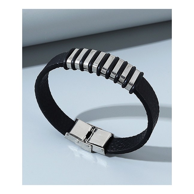 LRC Gelang  Tangan Fashion Black Alloy Geometric Leather Wide Brim Mens Bracelet Y64883