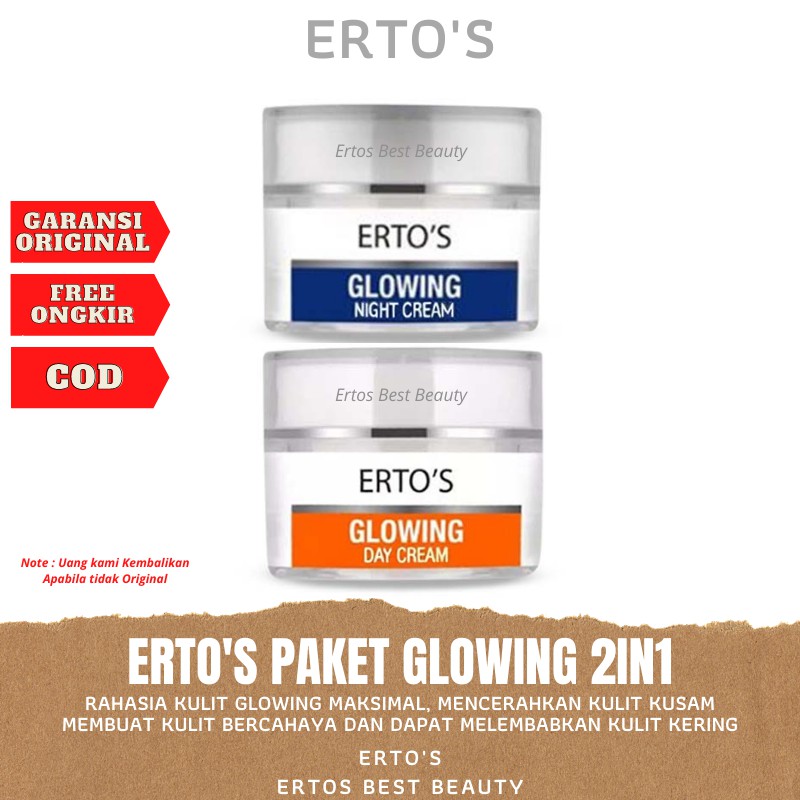 Cream Krim Ertos Glowing Paket Pemutih Pencerah Wajah Glowing BPOM - Ertos Glowing Day & Night