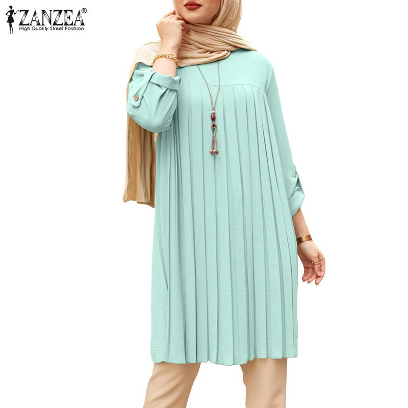 ZANZEA Women Muslim Daily Solid Color O-Neck Full Sleeve Casual Blouse