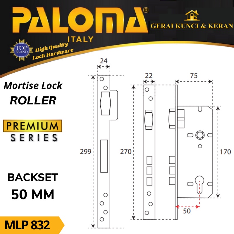 BODY KUNCI  PELOR PALOMA 50 MM MLP 832 STAINLESS STEEL SUS 316 MORTISE LOCK PREMIUM ROLLER