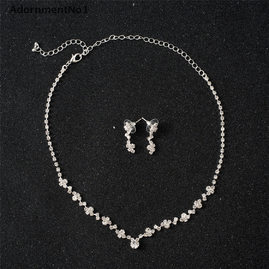 (AdornmentNo1) Set Kalung + Anting Gantung Tusuk Aksen Kristal Warna Silver Untuk Perhiasan Wanita / Bridesmaid