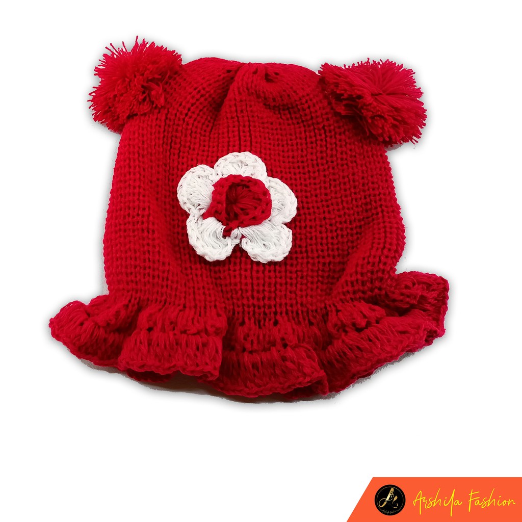 Kupluk Rajut Bayi Perempuan Motif Bunga 0 Sampai 3 Tahun / Kupluk Anak Bayi Motif Bunga-Merah