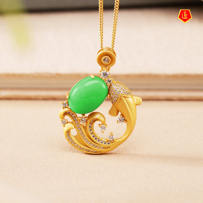 [Ready Stock]Hetian Jade Personality Full Diamond Gold Carp Pendant for Women