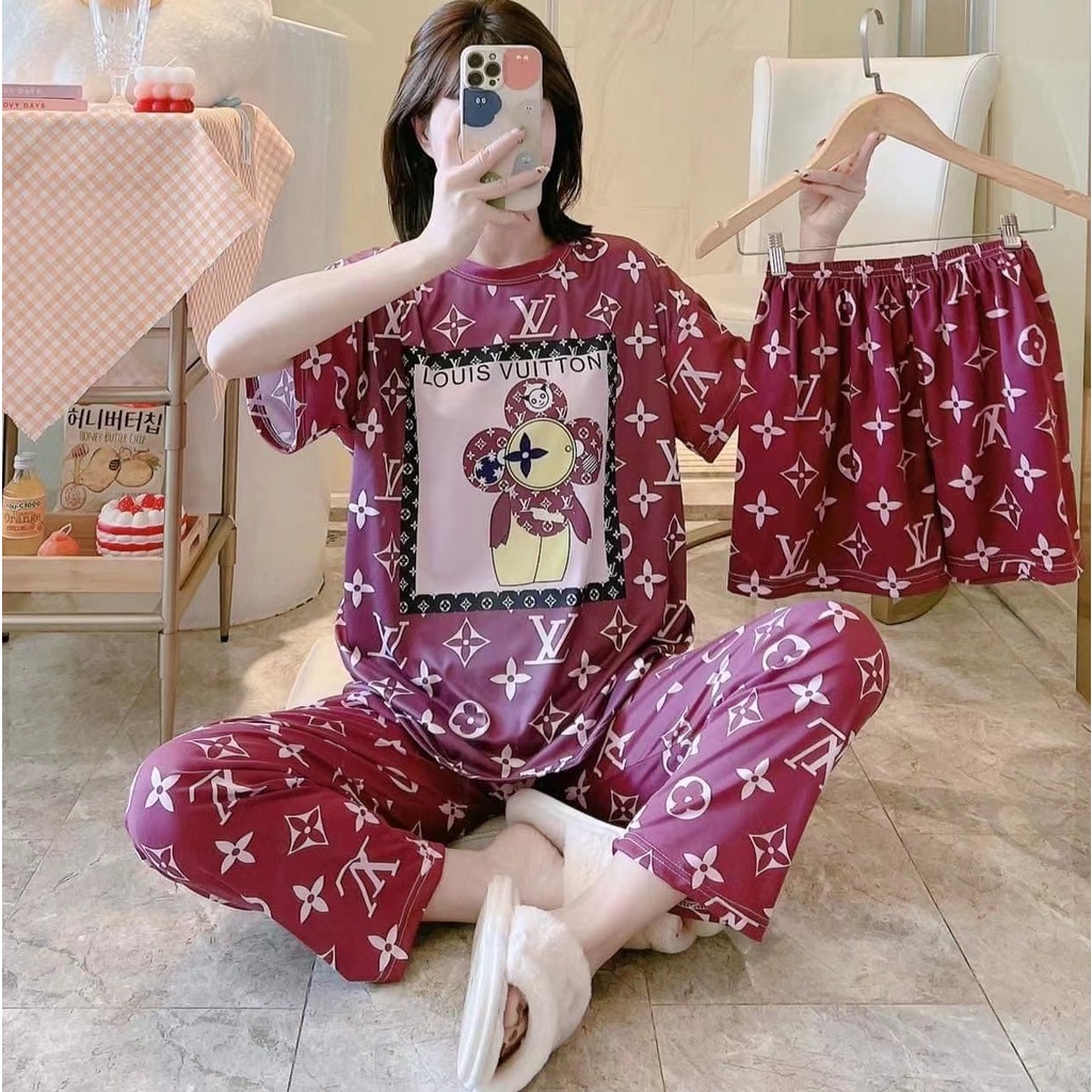 AJW Shop Piyama 3in1 | Piyama Import Dewasa | Setelan Wanita Kekinian | Baju Tidur Wanita Dewasa-KotakL Maroon