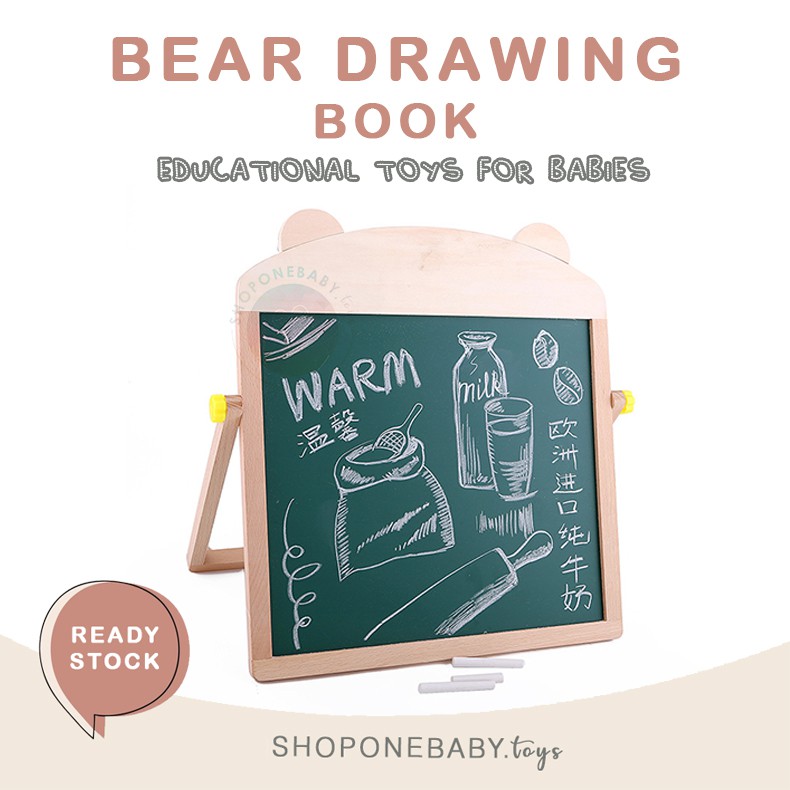 

INSTAN 2 in 1 Bear Wooden Black White Board Whiteboard Papan Belajar Tulis Hitam Putih Kayu Mainan Edukasi