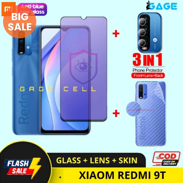 PAKET 3IN1 TEMPERED GLASS ANTI RADIASI XIAOMI REDMI 9T  FULL LAYAR KAMERA SKIN CARBON PREMIUM