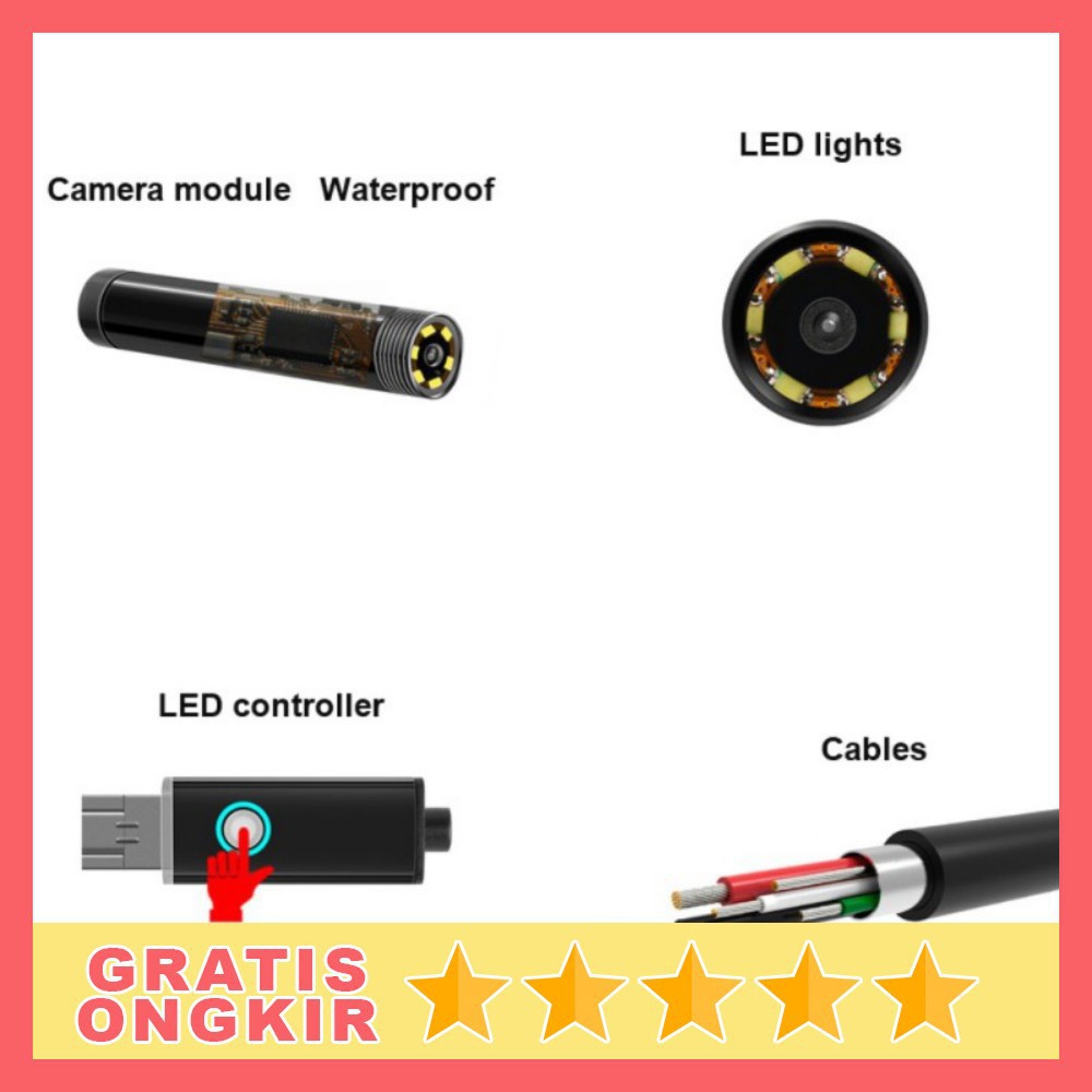 GS8 Korek Kuping 3 in 1 Kamera Endoscope HD Visual USB Earpick with 6 LED JC 7MM 5MM Black