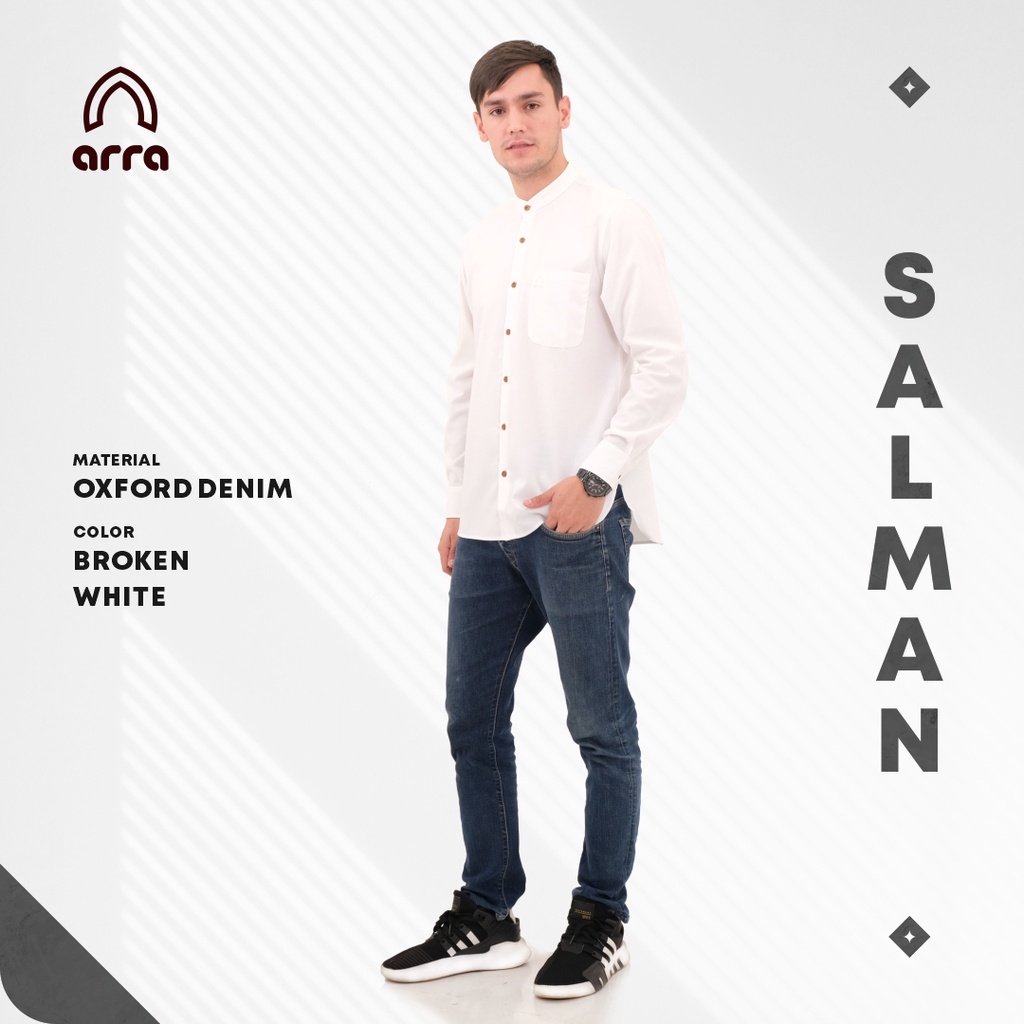 Kemeja Koko Simple Pria Dewasa Lengan Panjang Bahan Oxford Denim Premium Original Series SALMAN by Arra Fashion Muslim Baju Koko Daily Basic Polos Warna Putih Broken White Biru Blue Khaki Abu-abu Grey Ori Terlaris