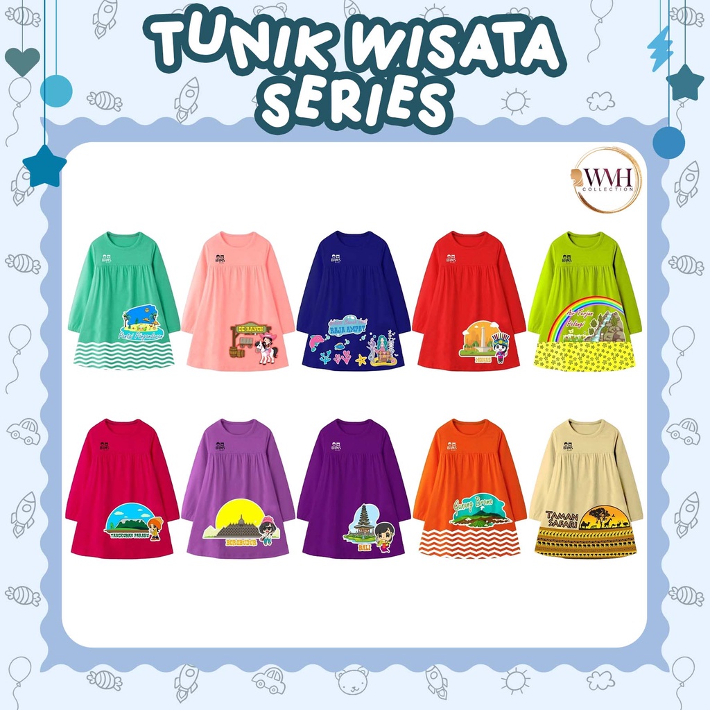 TUNIK ANAK PEREMPUAN ATASAN ANAK PEREMPUAN TUNIK WISATA SERIES SIZE 4-12 TAHUN