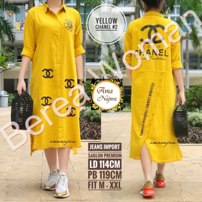 Yellow Mustard Long Tunik Kuning Jeans Rawis Ld 114 Jumbo Fit XXL Busui Kancing Aktif By AMJ