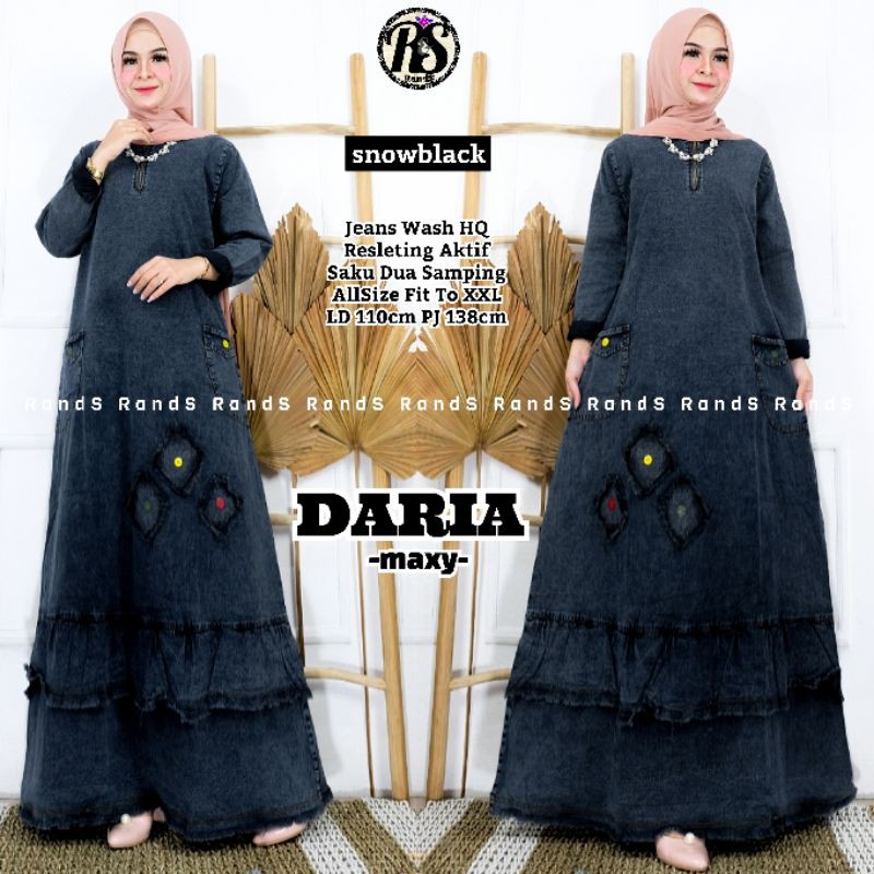 DARIA gamis maxy jeans levis snow hitam wanita TERBARU susun jumbo resleting bigsize XXL LD 110cm