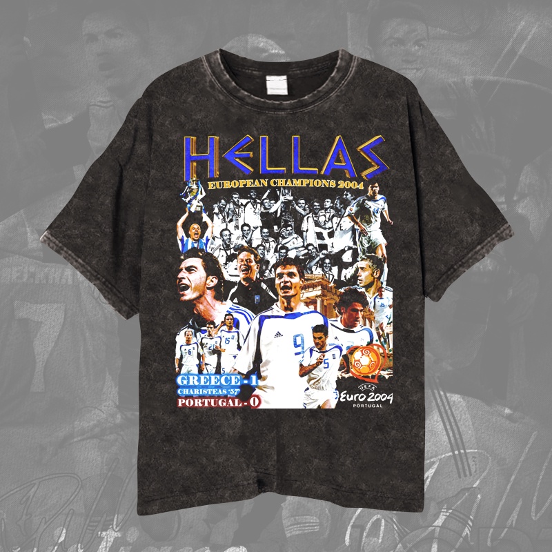 YUNANI Champions Eropa 2004 T-shirt/Kaos Bola Vintage Wash YUNANI Hellas Greece Unisex