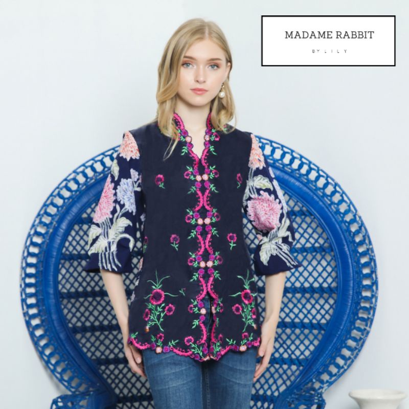 MADAME RABBIT / Kebaya Modern / Kebaya Batik Tulis Biru Navy Bordir Manual Silk Cantik / Kebaya Wani