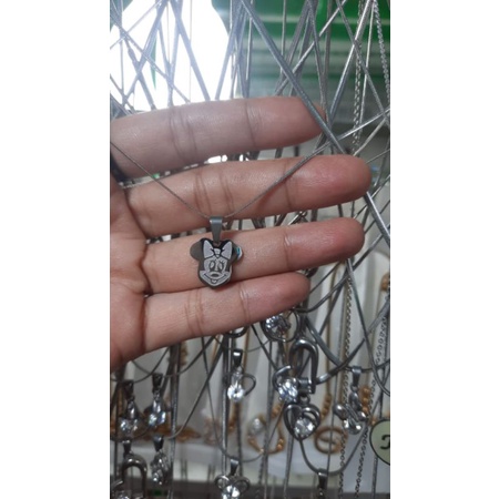 Kalung Besi Putih Asli Anak + Liontin Motif Minnie Mouse dan Hellokitty