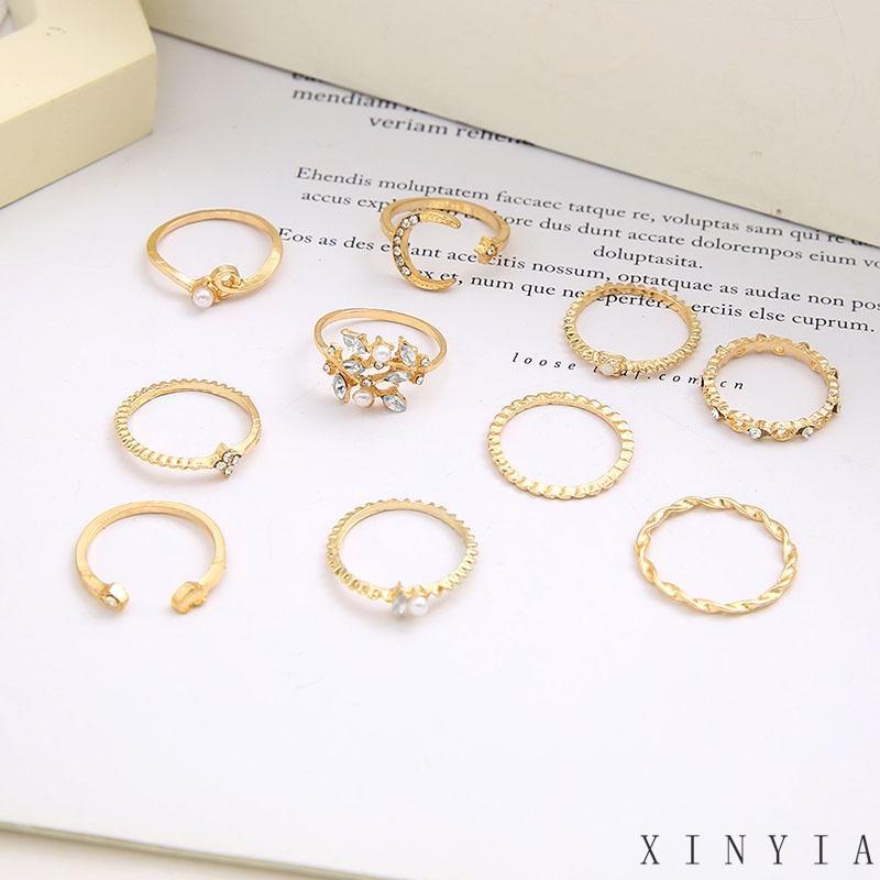 10 Pcs Cincin Berlian Mutiara Bentuk Bulan Bintang Hati Daun Gaya Retro Untuk Wanita