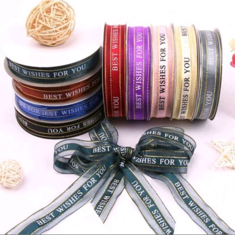 

Pita Motif Best Wishes For You Organza Ribbon 25 mm Pita Parcel Gift Hampers Pita Organdi Ribbon 2,5 cm Per Yard ( 90 cm ) Pita Organdi
