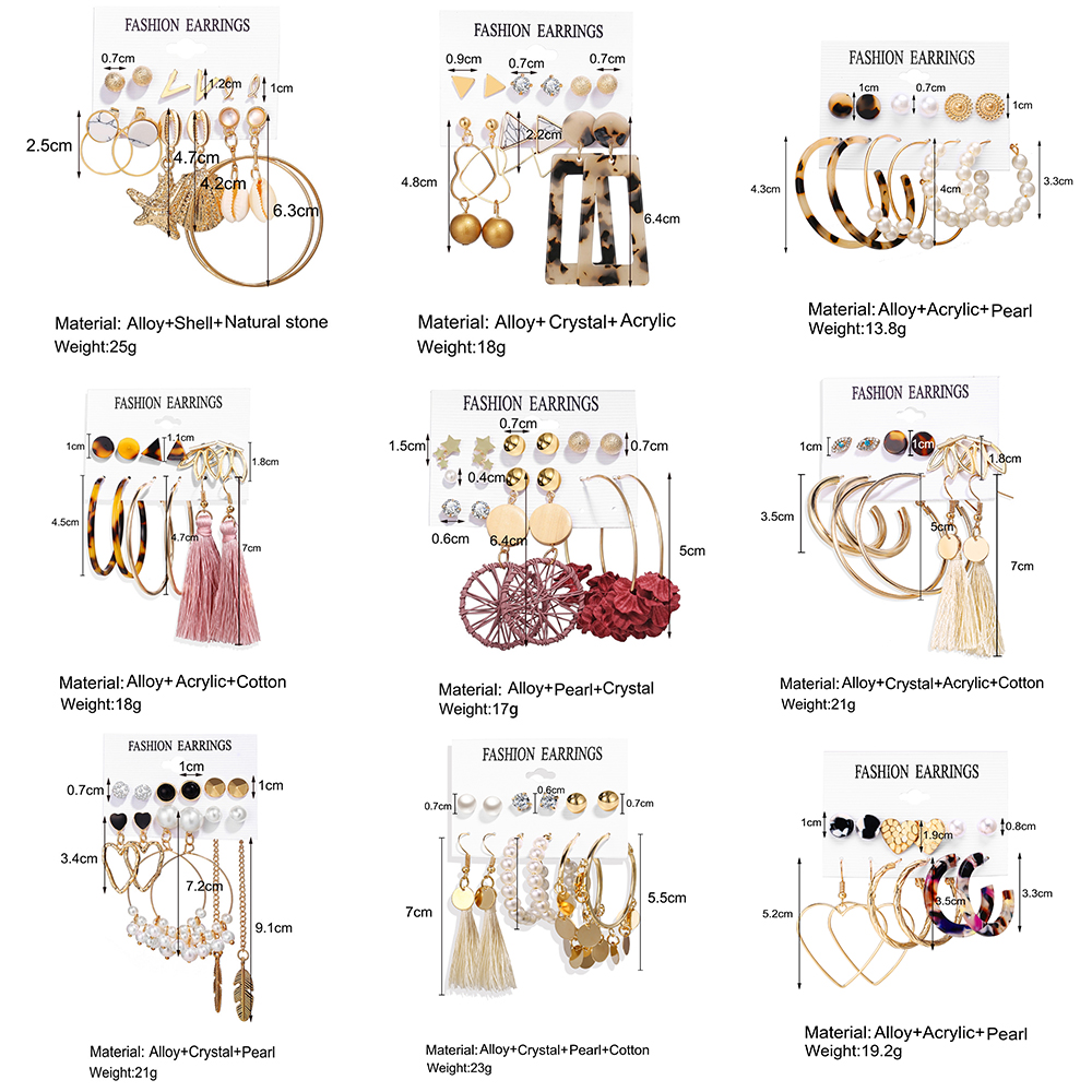 YEEZII 20Types Bohemia Anting Emas Set Anting Korea Fashion Rumbai Retro Geometris Hollow Mutiara Kupu-kupu Wanita Perhiasan Aksesoris