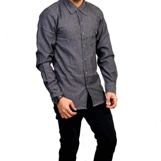 Laris Kemeja Denim Pria Ukuran Jumbo✅ Kemeja Denim Chambray Lengan Panjang (Hitam) | Jeans Levis