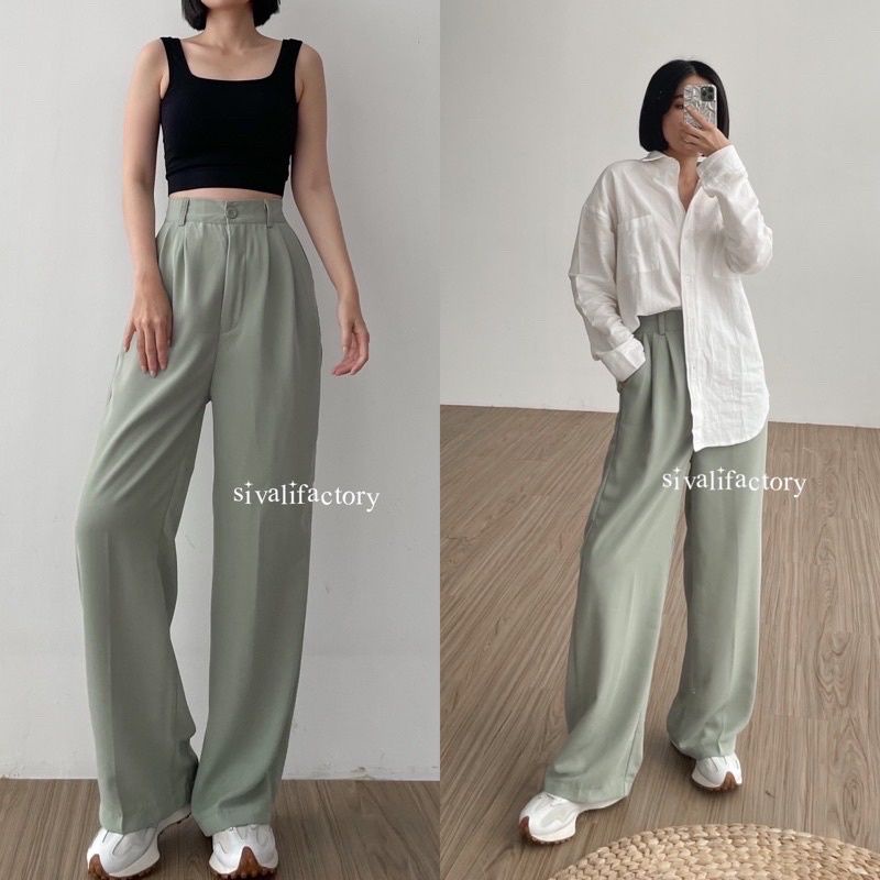 Celana Kulot Crinkle Highwaist Wanita loose Pants 3413