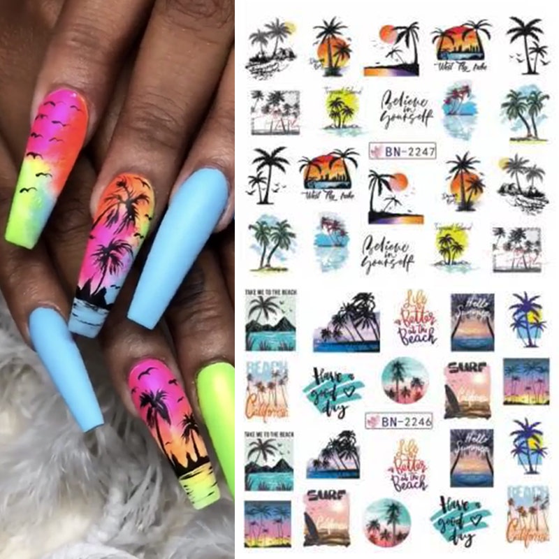 12pcs / Set Stiker Kuku Desain Pohon Palem Musim Panas Untuk Dekorasi Nail Art DIY