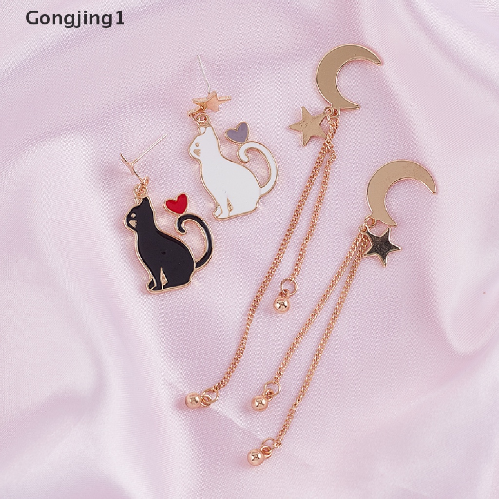 Gongjing1 Anting Tusuk Gantung Asimetris Desain Kucing + Bulan + Bintang Untuk Wanita