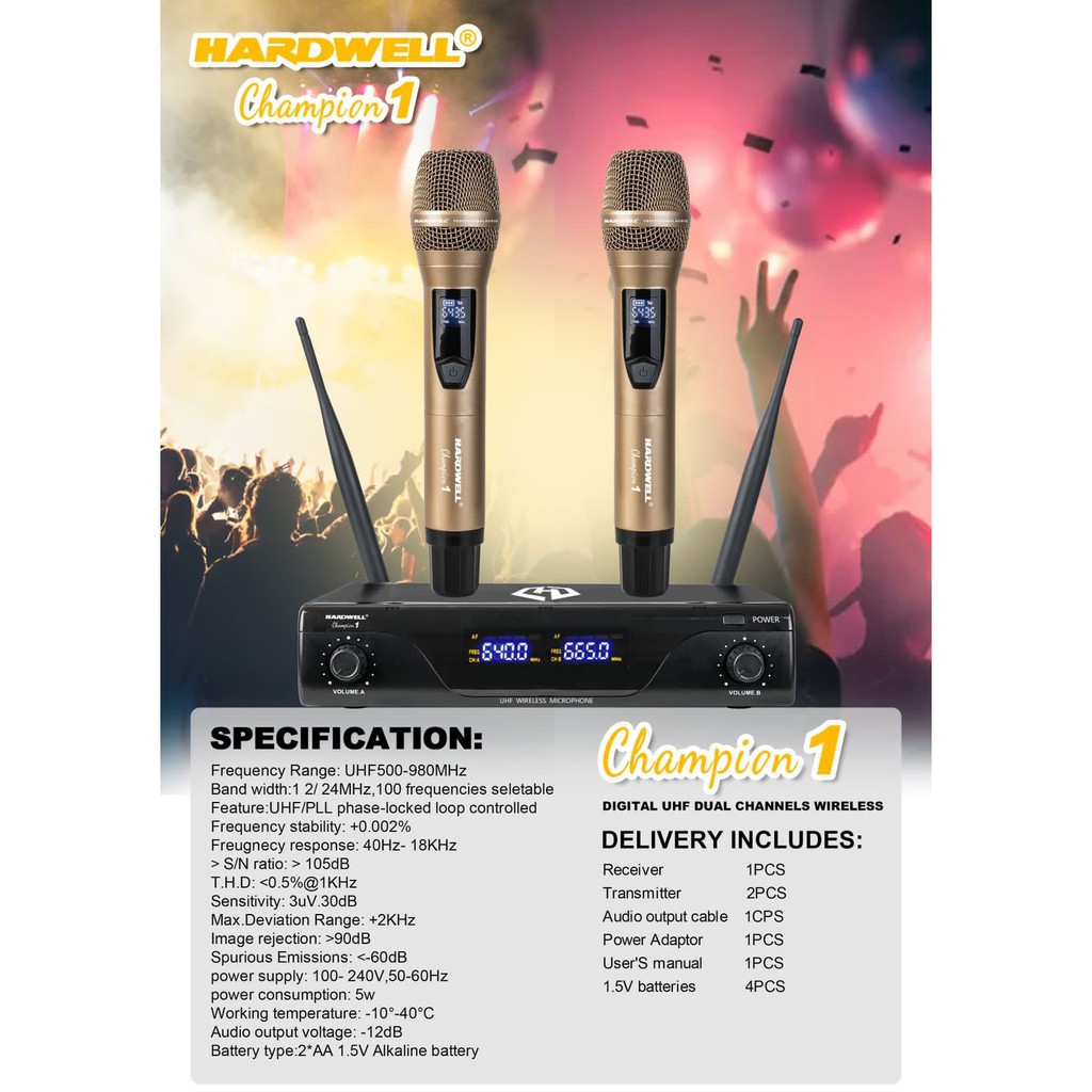 Mic Wireless HARDWELL CHAMPION 1 Frequenci UHF 2 Mic Handheld  Original