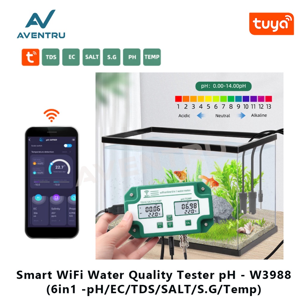 Smart WiFi Tuya 6in1 PH EC TDS Salinity S.G Temperature Meter W3988 Pengukur Kualitas Air